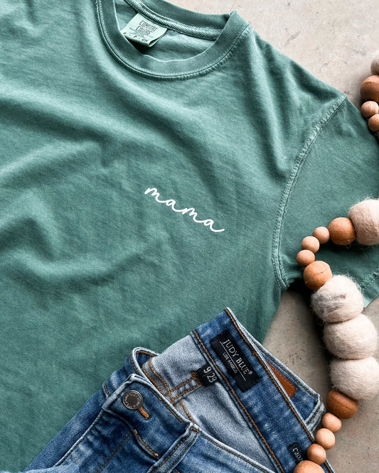 Mama Cursive Pocket CC Green Graphic Tee